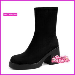 Suede Square Toe Chunky Heel Ankle Boots with Zipper Closure